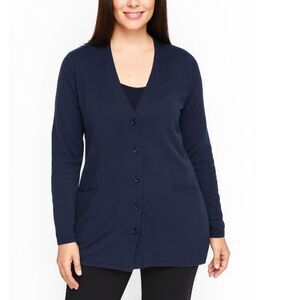 Lafayette 148 Women's Navy V-Neck Button Front LS Long Cardigan Sweater Size L